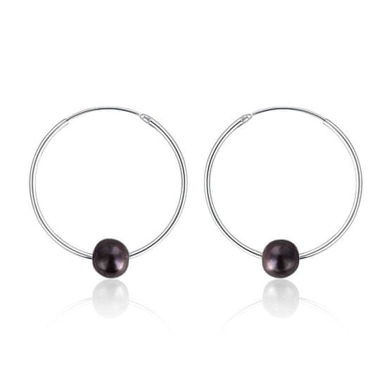 JwL Luxury Pearls Strieborné náušnice kruhy s pravými čiernymi perlami JL0632