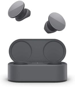 jedinečný originálny dizajn Bluetooth technológia slúchadlá do uší microsoft surface earbuds 13,6mm meniče sbc aptX kodeky dva mikrofóny v slúchadle pre perfektne čisté hovory výdrž 7 h na nabitie nabíjací box pridávajúce ďalších 17 h prevádzky slúchadiel IPX4 certifikácia sbc aptX kompatibilita s office 365