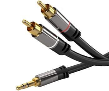PremiumCord HQ tienený kábel Stereo Jack 3,5 mm-2 × CINCH Male / Male s kvalitnými zastreknutými kovovými konektormi 1,5 m kjqcin015