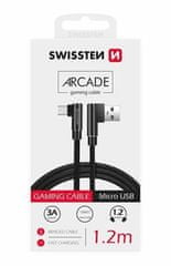 SWISSTEN Dátový kábel Arcade USB-A - microUSB, M/M, 3A, zahnutý konektor 90°, opletený, 1,2 m 71527500, čierny