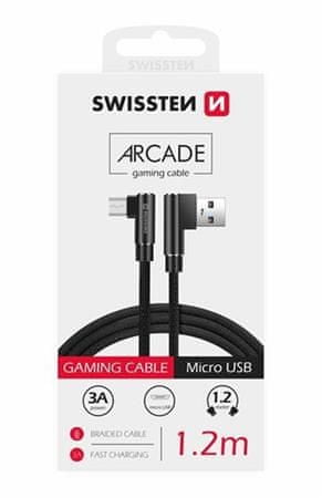 SWISSTEN Dátový kábel Arcade USB-A - microUSB, M/M, 3A, zahnutý konektor 90°, opletený, 1,2 m 71527500, čierny