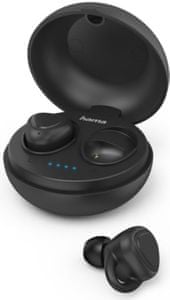 moderné slúchadlá Bluetooth bezdrôtové hama liberobuds úplne bezdrôtové výborný zvuk IPX5 odolnosť voči vode vhodné pre športovcov mikrofón handsfree hlasové ovládanie ovládacie tlačidlo silikónové háčiky led kontrolky nabíjacie puzdro pre 3 plné nabitia