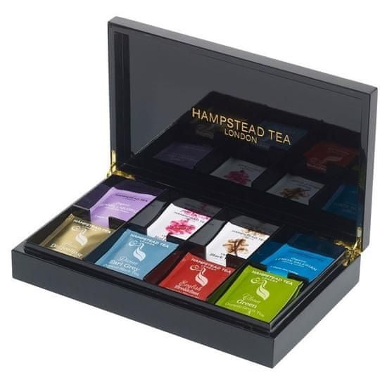 Hampstead Tea London luxusná čierna drevená kazeta mix BIO sáčkových čajov 80ks 8 druhov