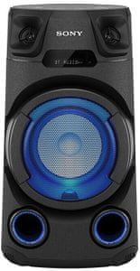 Bluetooth reproduktor na párty sony mhc-V13 rukoväť na reproduktore aux in usb nahrávanie aj prehrávanie fm tuner pre počúvanie rádia cd mechanika možnosť spárovania s viacerými reproduktormi ovládanie mobilnou aplikáciou karaoke zábava možnosť pripojenia gitary šírenie zvuku po celej miestnosti dva výkonné výškové reproduktory jet bass booster