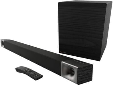 Bluetooth bezdrôtový moderný soundbar klipsch cinema 600 výkon 600 w externý bezdrôtový subwoofer diaľkové ovládanie dolby audio priestorový zvuk jednoduché sprevádzkovanie hdmi digitálny optický vstup aux in
