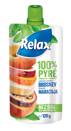 Relax 100 % pyré Jablko-Mrkva-BROSKYŇA-Banán-MARACUJA 12x 120 g