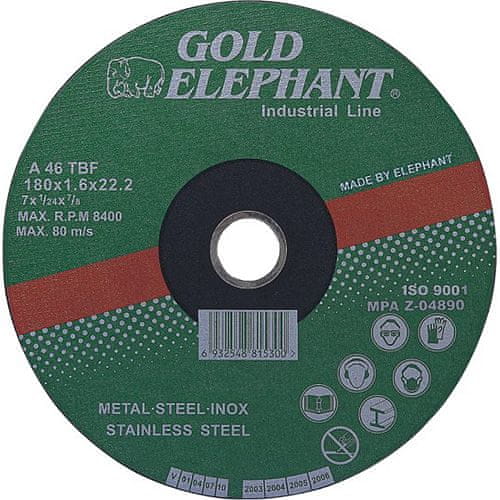 Kotúč Gold Elephant 41AA 115x1,6x22,2 mm, rezný na kov a nerez A46TBF