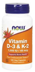 NOW Foods Vitamín D3 & K2, 1000 IU / 45 ug, 120 rastlinných kapsúl