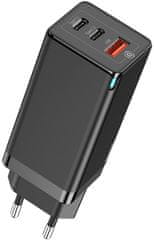 BASEUS GaN rychlo nabíjací EÚ adaptér 2 * USB-C + USB-A 65W + kábel USB-C do USB-C 100W 1m, čierna