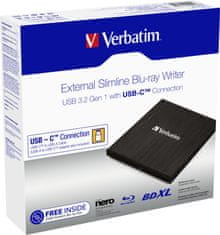 VERBATIM Blu-ray Slimline USB 3.1 Gen 1 (USB-C), čierna (43889)