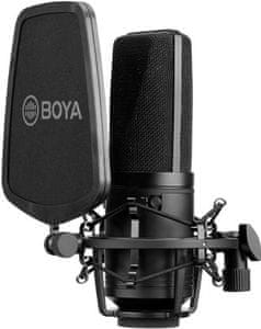 kvalitný kondenzátorový mikrofón Boya by-M1000 xlr pripojenie celokovová konštrukcia skladací 34 mm membrána podcasting vlogging video konferencie nahrávanie vokálov aj nástrojov kardioidný všesmerový obojsmerný režim