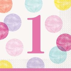 Párty servítky 1.narodeniny - Happy birthday - ružové s bodkami - 33x33 cm - 16 ks