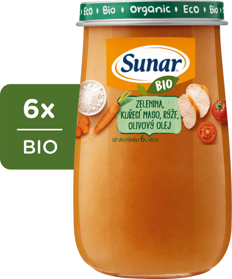 Sunar BIO príkrm zelenina, kuracie mäso, ryža, olivový olej 6 x 190 g