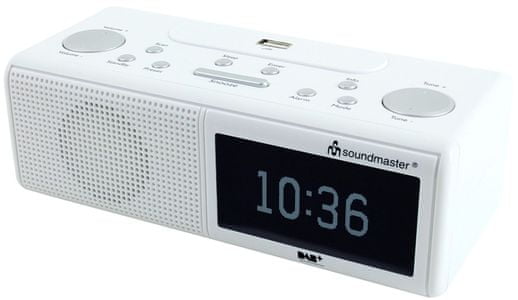 moderný rádiobudík Soundmaster ur8350we stmievateľný veľký led displej aux in skvelý zvuk budenia alarmom budenie rozhlasovou stanicou fm dab tuner predvoľby snooze funkcia usb prehrávanie