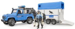 BRUDER 2588 Polícia Land Rover Defender s vlekom pre kone a koňom