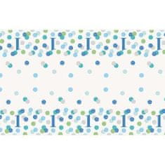 Párty obrus 1.narodeniny - Happy birthday - modrý s bodkami - 137 x 213 cm