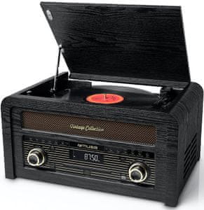 moderný retro gramofón muse MT-115W fm tuner rms 20 w reproduktory usb nahrávanie aj prehrávanie drevená skriňa cd mechanika Bluetooth technológie aux in 