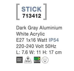shumee Svietidlo Nova Luce STICK WALL GREY nástenné, IP 54, E27