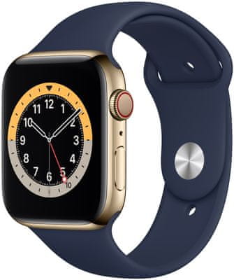 Inteligentné hodinky Apple Watch Series 6, Retina displej stále zapnutý EKG monitorovanie tepu srdcovej činnosti hudobný prehrávač volanie notifikácia NFC platby Apple Pay hluk App Store Senzor pre snímanie okysličenie krvi meranie fyzickej kondície VO2 max eSIM komunikácie bez prítomnosti iPhone