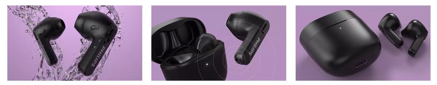  moderné Bluetooth slúchadlá philips TAT2236 podpora hlasových asistentov odolná vode nabíjací box dlhá výdrž pohodlné v ušiach výkonné meniče dotykové ovládanie handsfree funkcia moderný dizajn 