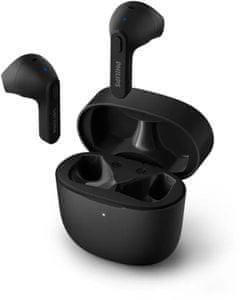 moderné Bluetooth slúchadlá philips TAT2236 podpora hlasových asistentov odolná vode nabíjací box dlhá výdrž pohodlné v ušiach výkonné meniče dotykové ovládanie handsfree funkcia moderný dizajn