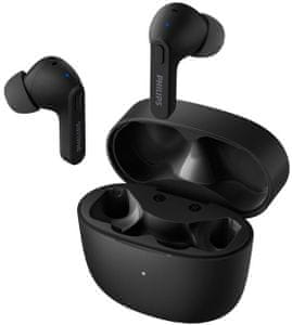moderné Bluetooth slúchadlá philips TAT2206 podpora hlasových asistentov odolná vode nabíjací box dlhá výdrž pohodlné v ušiach výkonné meniče dotykové ovládanie handsfree funkcia moderný dizajn