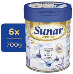 Sunar Premium 1, počiatočné dojčenské mlieko, 6x 700g