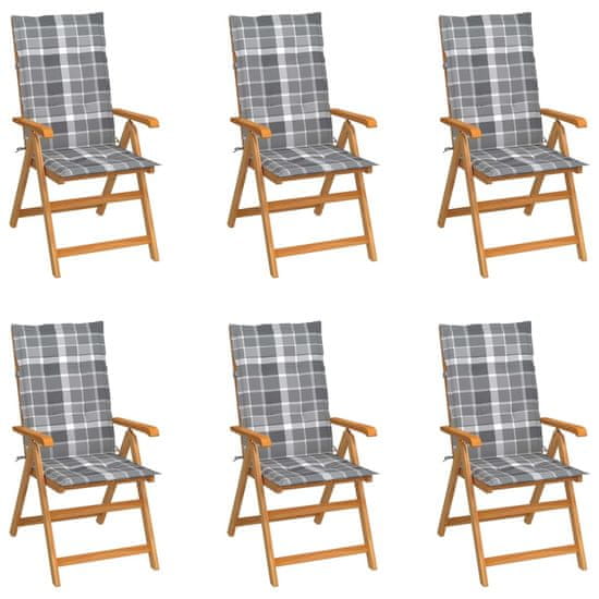 Vidaxl Záhradné stoličky 6 ks s so sivými kockovanými podložkami tíkový masív