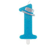 Sviečka 1.narodeniny chlapček - modrá trblietavá s klobúkom - 9 cm