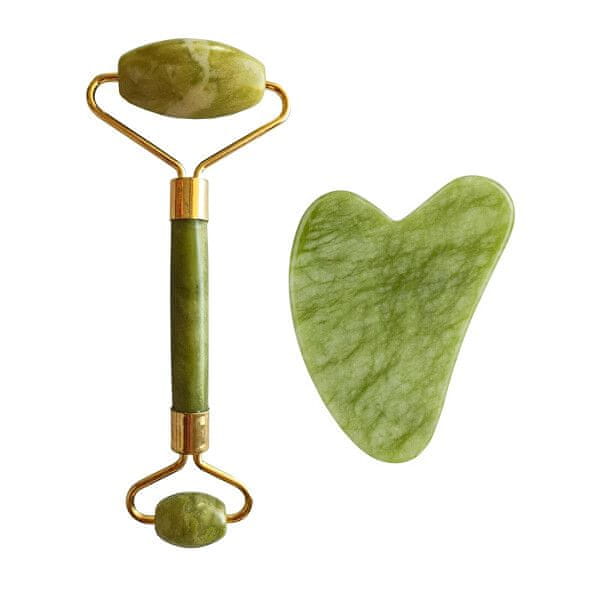 Masážny valček a doštička Guasha zelený xiuyan jadeit ( Light Green Xiuyan Jade Roller & Gua Sha Set