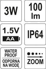 YATO Svietidlo vreckové vodeodolné IP64, fce ZOOM, 110lm, 1xAA, 100x25mm