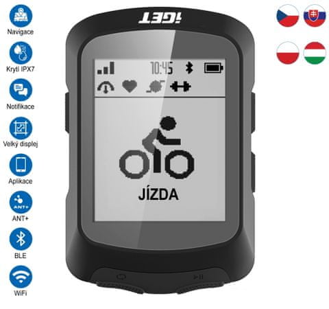 GPS navigácia na bicykel iGET C220 výkonná cyklonavigácia cyklopočítač kvalitná navigácia, navigovanie, notifikácia z telefónu prehľadný dobre čitateľný displej 2,2 palcov Glonass GPS Galileo čiernobiely displej bezpečnostný GPS šikovný GPS kvalitná navigácia na bicykel