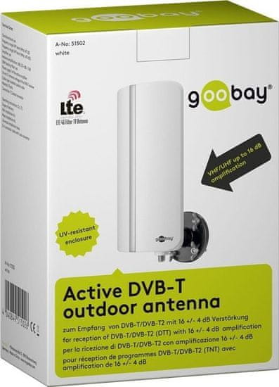 Goobay DVB-T exteriérová anténa s LTE/4G filtrom, aktívna so stojanom, farba biela, DVB-T/DVB-T2 HD (DTT) 20 dB/16 db; 51502