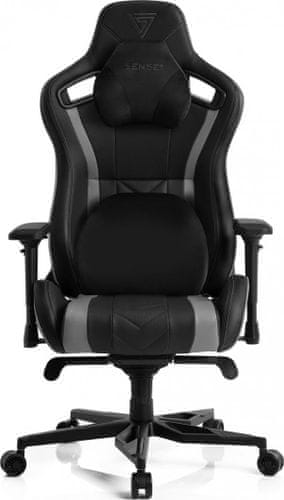 Herná stolička ergonomická SENSE7 Legend, čierno-sivá polohovateľná 90 až 140 stupňov penové polstrovanie proti pokriveniu vašej chrbtice oceľová konštrukcia ekologická umelá koža HDE špeciálna pena EasyFoam 