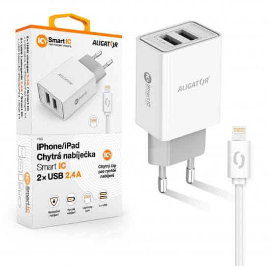 Aligator Chytrá sieťová nabíjačka 2,4A, 2xUSB, smart IC, biela, USB kábel pre iPhone / iPad