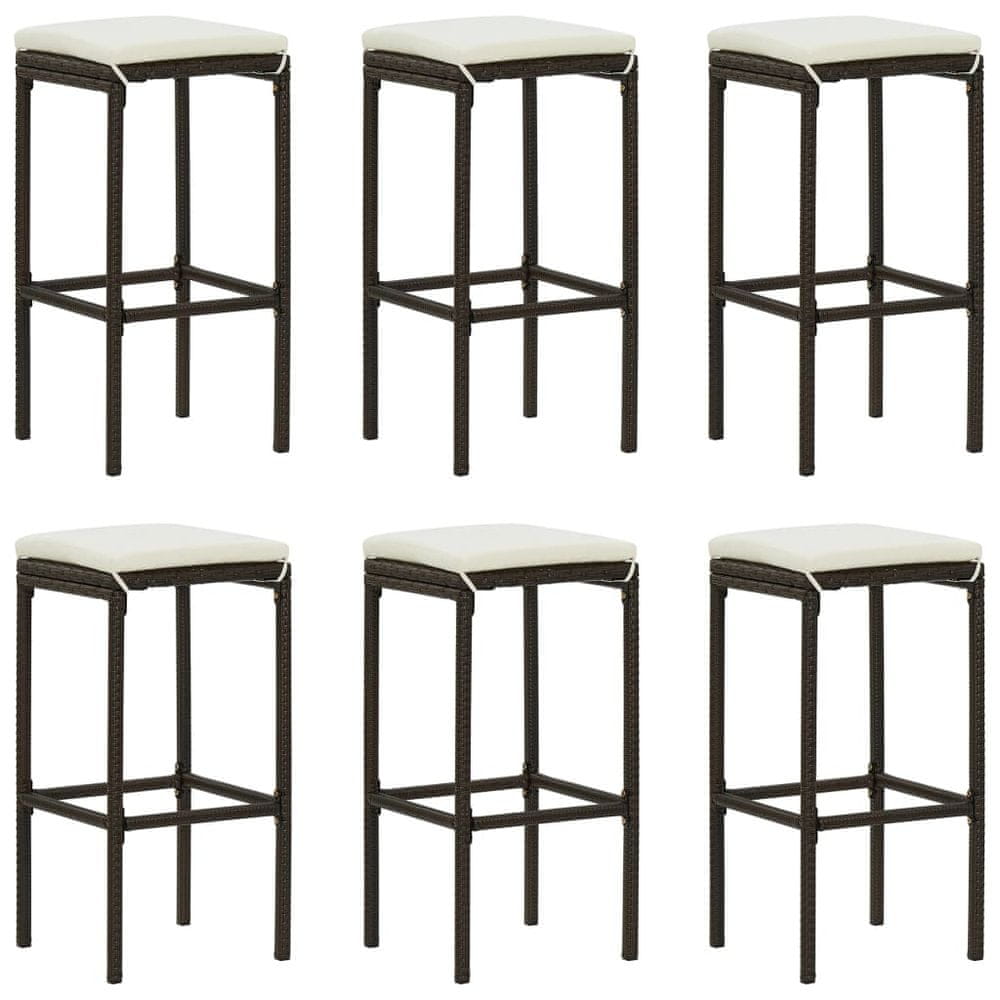 Vidaxl Barové stoličky s vankúšmi 6 ks hnedé polyratan