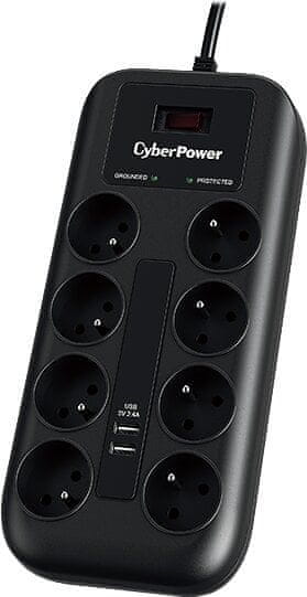 CyberPower Surge Buster, 8x zásuvky, 2x USB, čierna