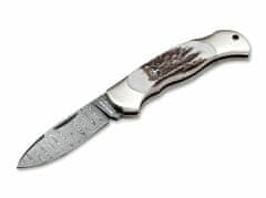 Böker 111910DAM Junior Scout Spearpoint Stag vreckový nôž 7 cm, damašek, paroh