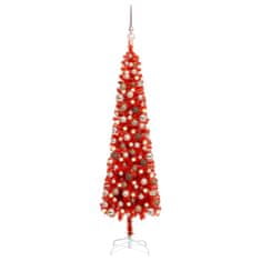Vidaxl Úzky vianočný stromček s LED a sadou gulí červený 120 cm