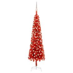 Vidaxl Úzky vianočný stromček s LED a sadou gulí červený 210 cm