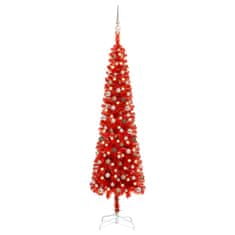 Vidaxl Úzky vianočný stromček s LED a sadou gulí červený 240 cm