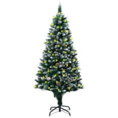 Vidaxl Zasnežený umelý vianočný stromček s LED a borovicovými šiškami 150 cm
