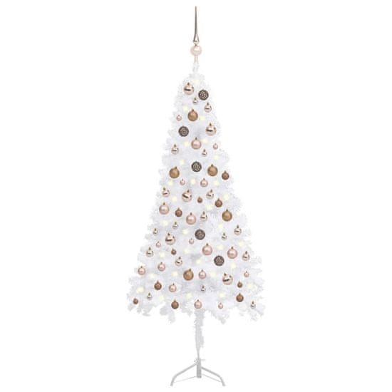 Vidaxl Rohový umelý vianočný stromček s LED a guľami biely 150 cm PVC