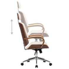 Vidaxl Otočná kancelárska stolička s opierkou hlavy krémová umelá koža a ohýbané drevo