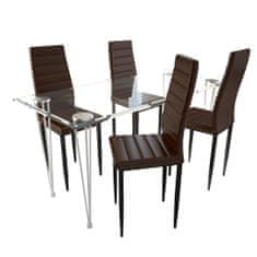 Vidaxl Kuchynský set, 4 hnedé stoličky s úzkymi líniami + 1 sklenený stôl