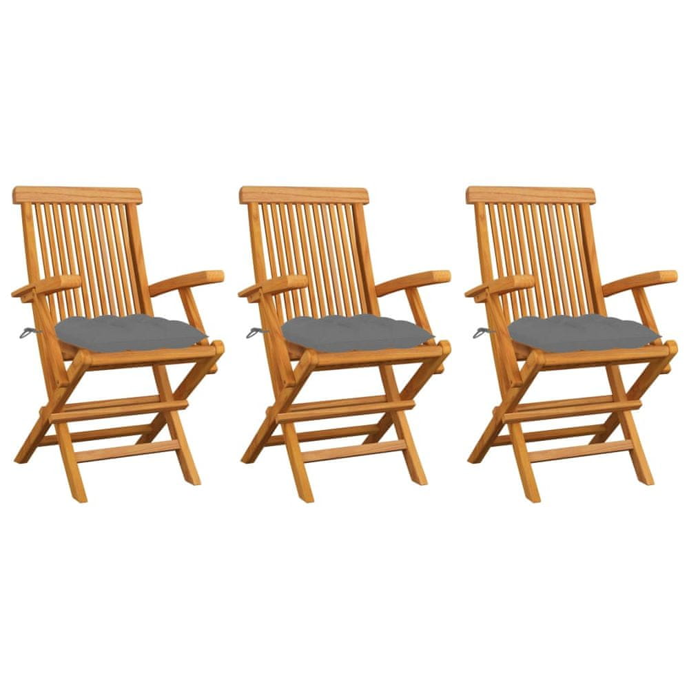 Vidaxl Záhradné stoličky so sivými podložkami 3 ks tíkový masív