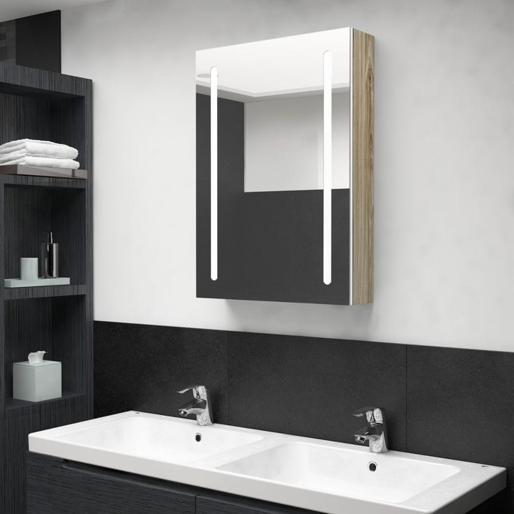 Vidaxl LED kúpeľňová zrkadlová skrinka biela a farba dubu 50x13x70 cm