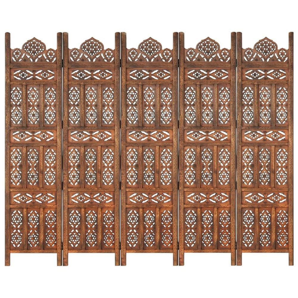 Vidaxl Ručne vyrezávaný 5-panelový paraván hnedý 200x165 cm mangovníkový masív