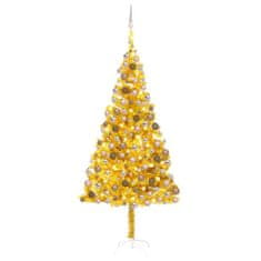 Vidaxl Osvetlený umelý vianočný stromček s guľami, zlatý 210 cm, PET