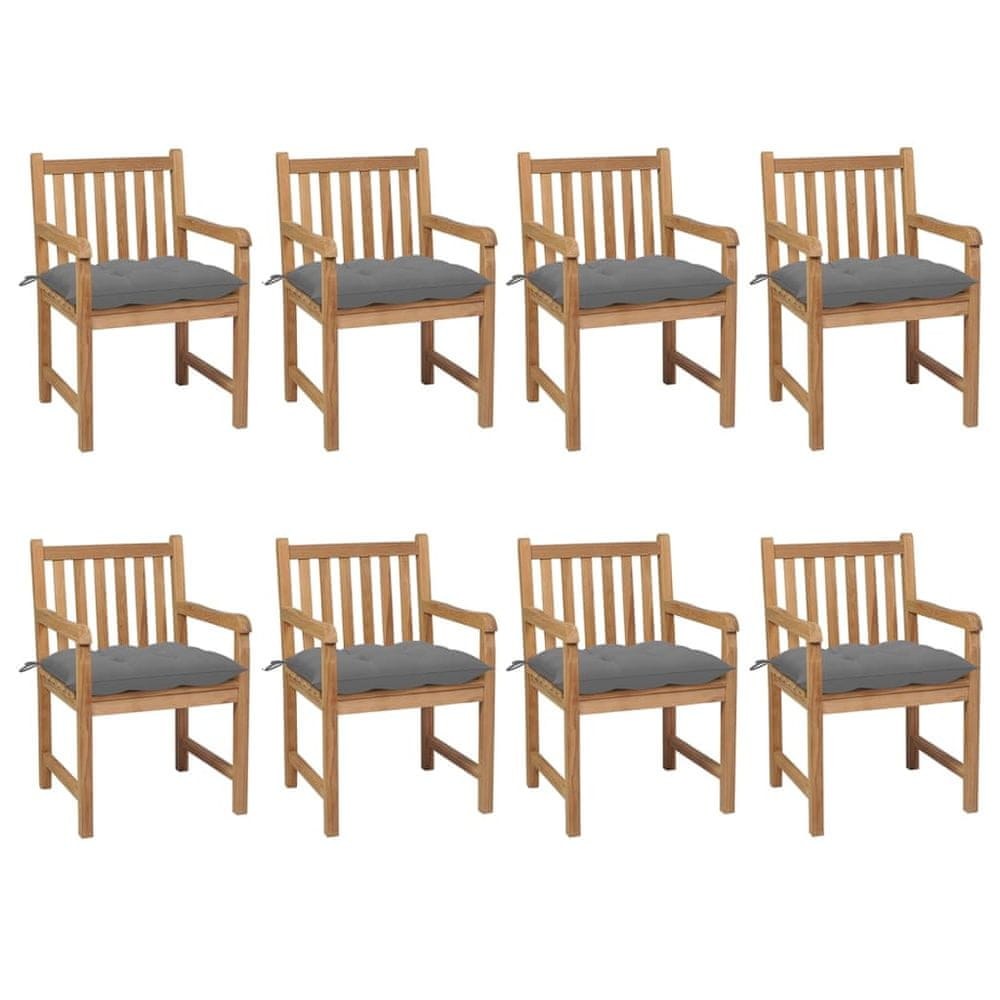 Vidaxl Záhradné stoličky 8 ks so sivými podložkami tíkový masív
